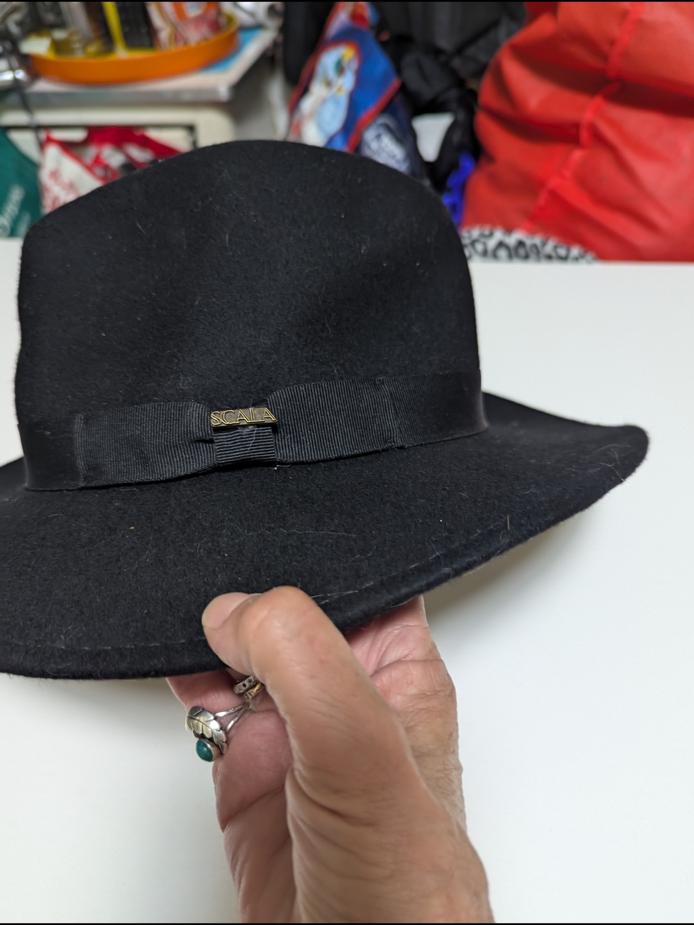 Black Felt Fedora Hat with Ribbon Accent Made In Italy Scala 100% wool Size Med - Picture 4 of 8